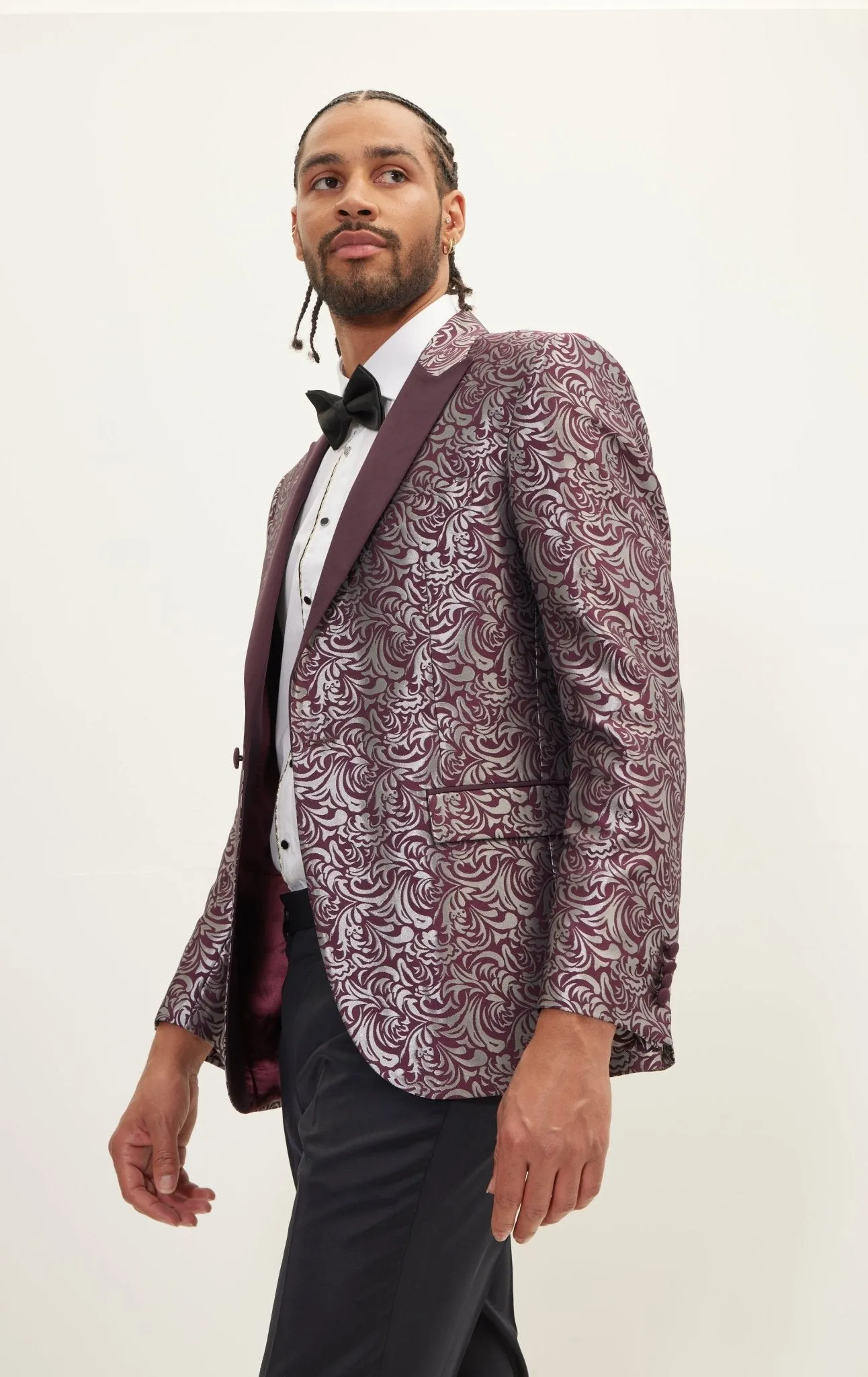 Peak Lapel Metalic Paisley Tuxedo Jacket -  Silver Burgundy