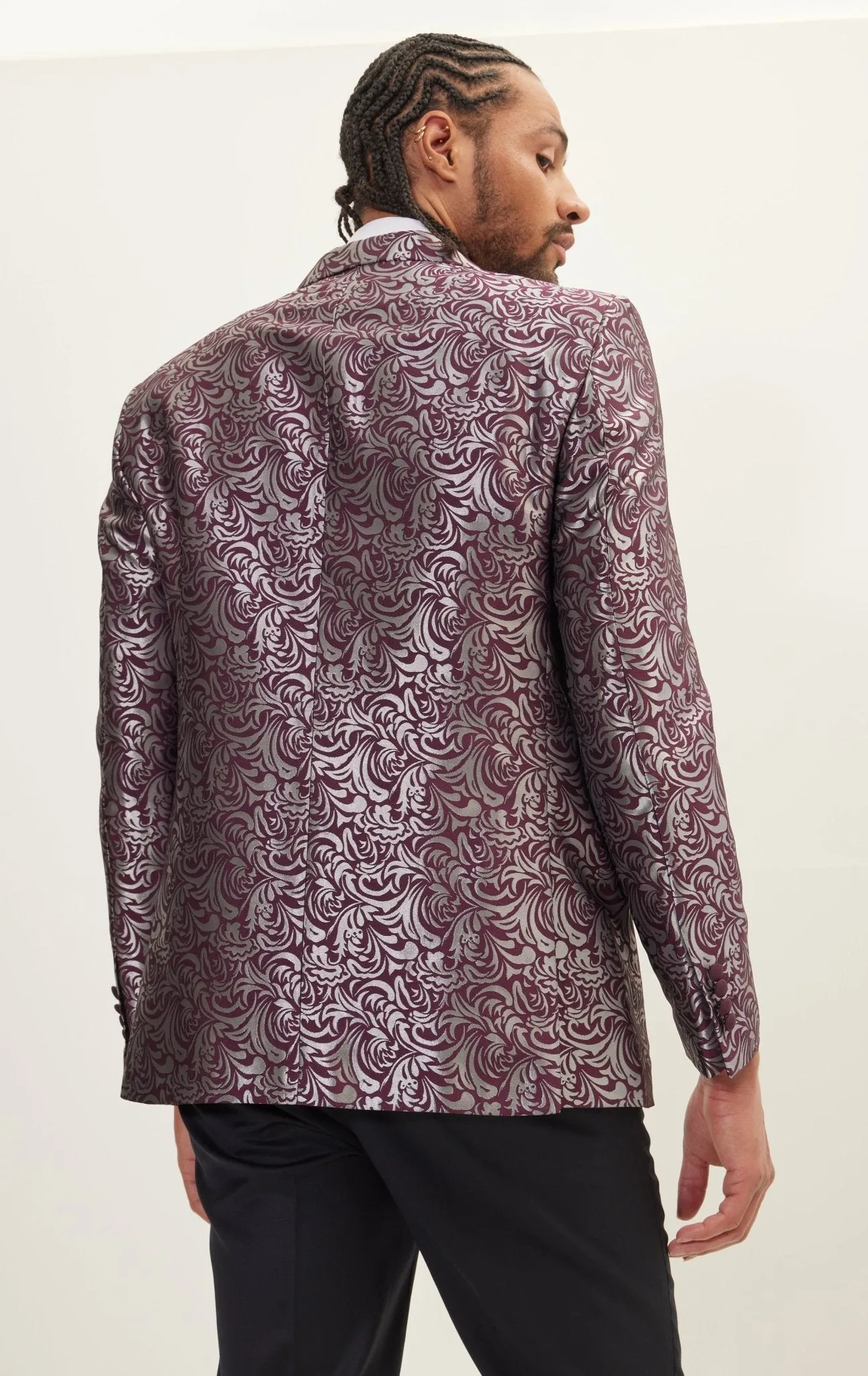 Peak Lapel Metalic Paisley Tuxedo Jacket -  Silver Burgundy