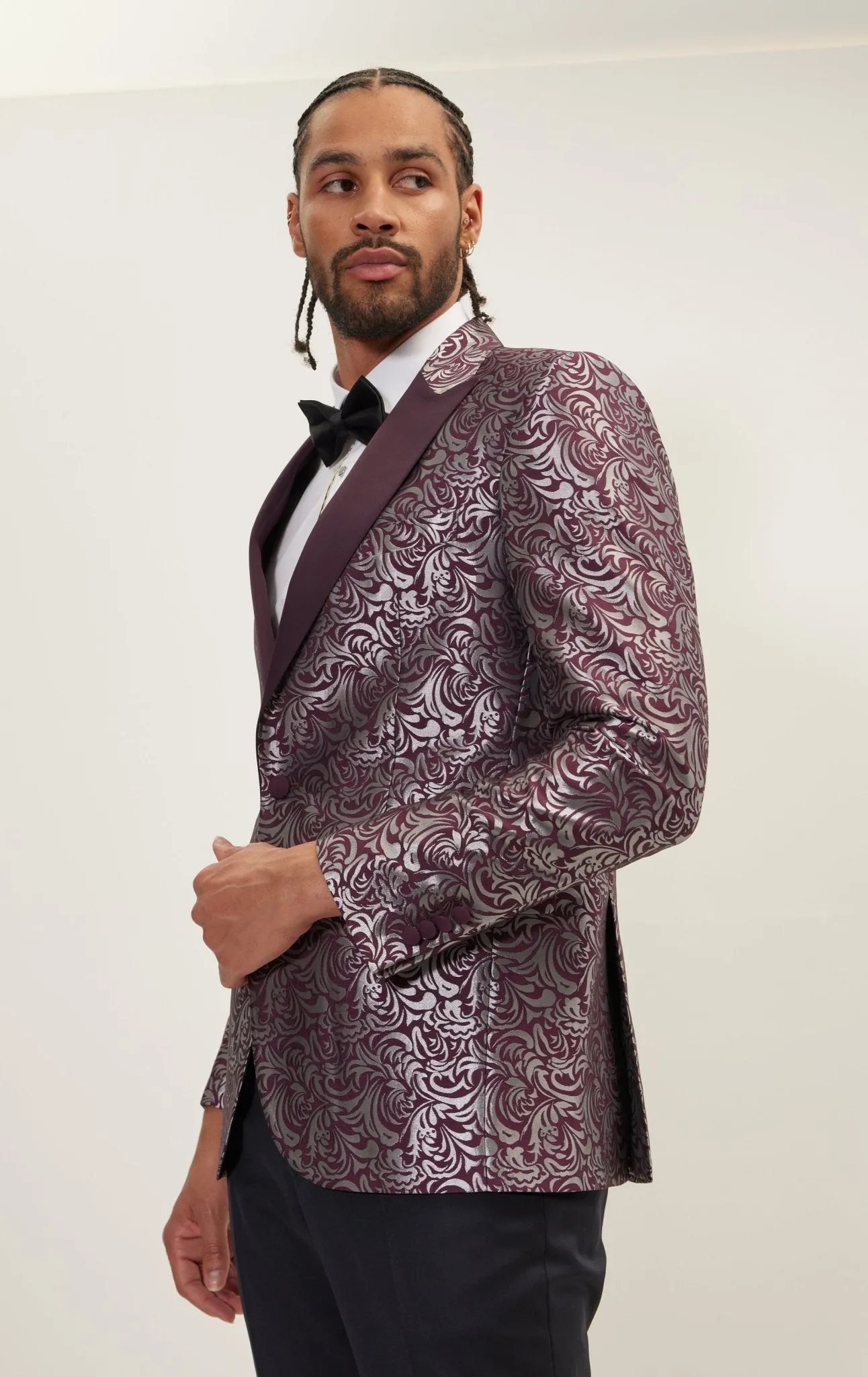 Peak Lapel Metalic Paisley Tuxedo Jacket -  Silver Burgundy