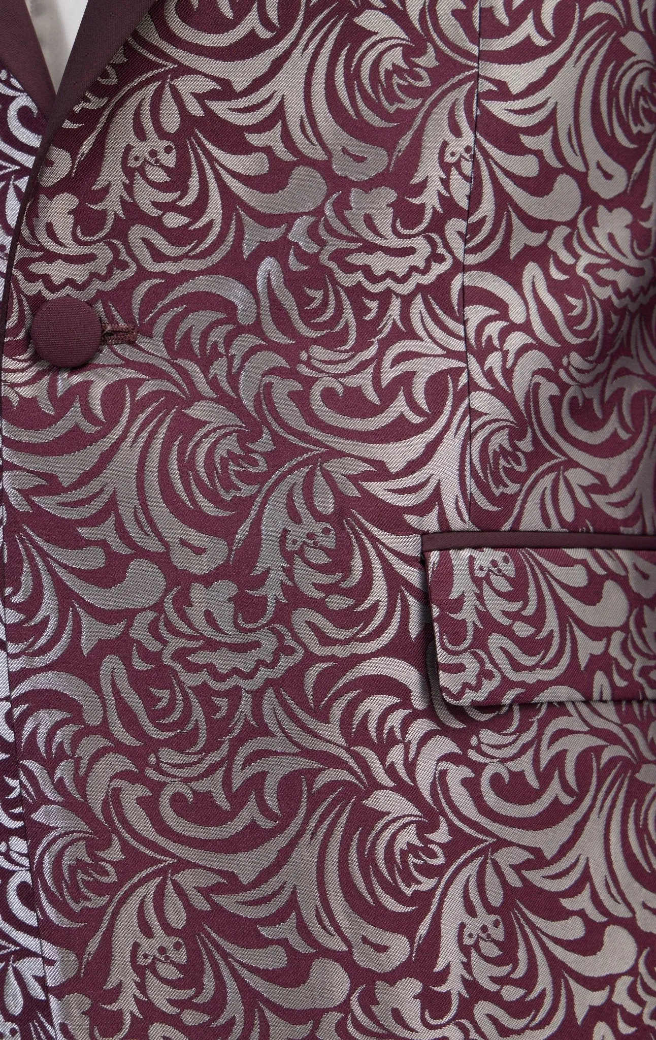 Peak Lapel Metalic Paisley Tuxedo Jacket -  Silver Burgundy