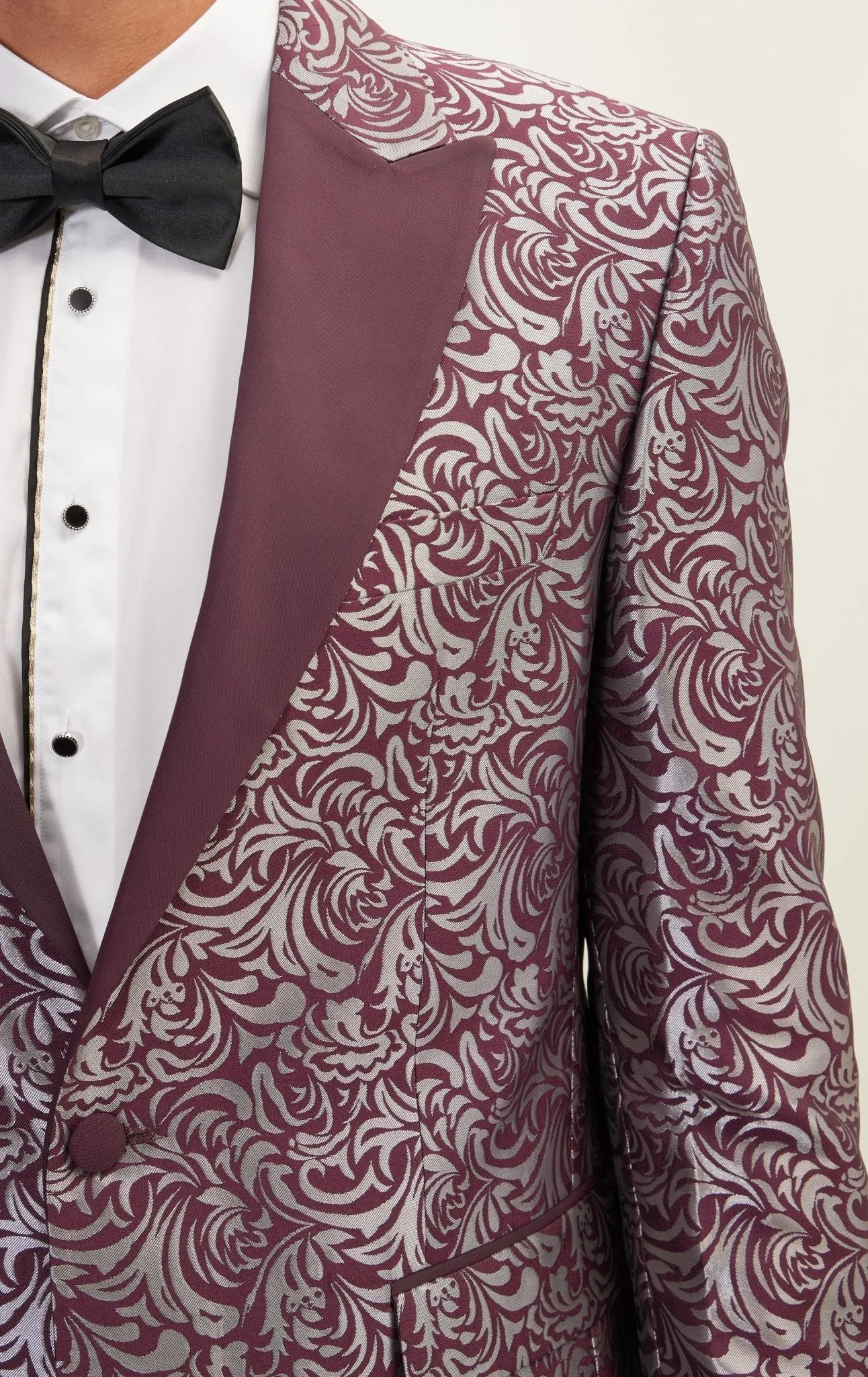 Peak Lapel Metalic Paisley Tuxedo Jacket -  Silver Burgundy