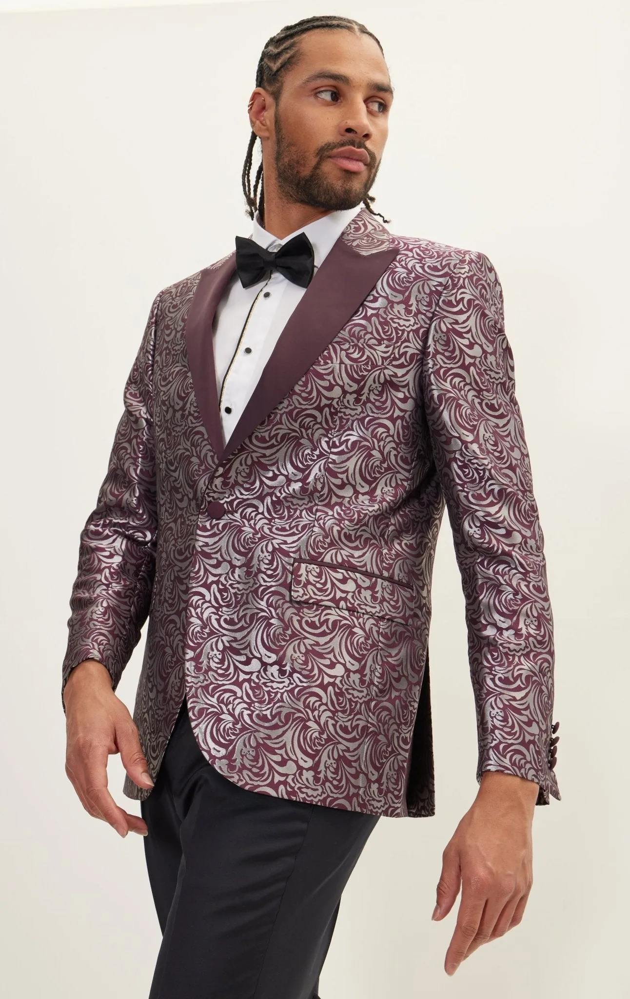 Peak Lapel Metalic Paisley Tuxedo Jacket -  Silver Burgundy