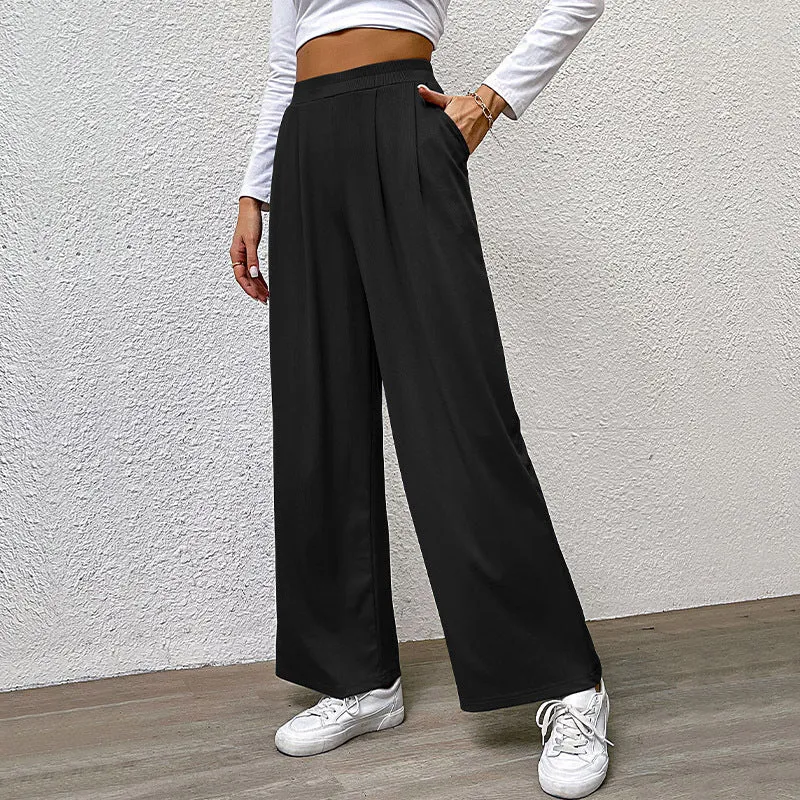 PEOPLETERRITORY Europe and America New autumn casual trousers elastic waist women's trousers solid color pit strip casual trousers wide-leg trousers