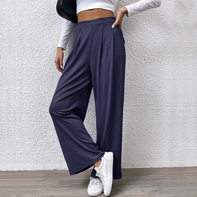 PEOPLETERRITORY Europe and America New autumn casual trousers elastic waist women's trousers solid color pit strip casual trousers wide-leg trousers