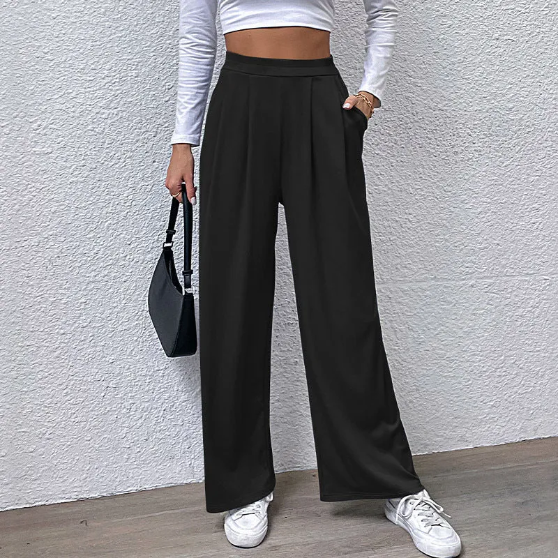 PEOPLETERRITORY Europe and America New autumn casual trousers elastic waist women's trousers solid color pit strip casual trousers wide-leg trousers