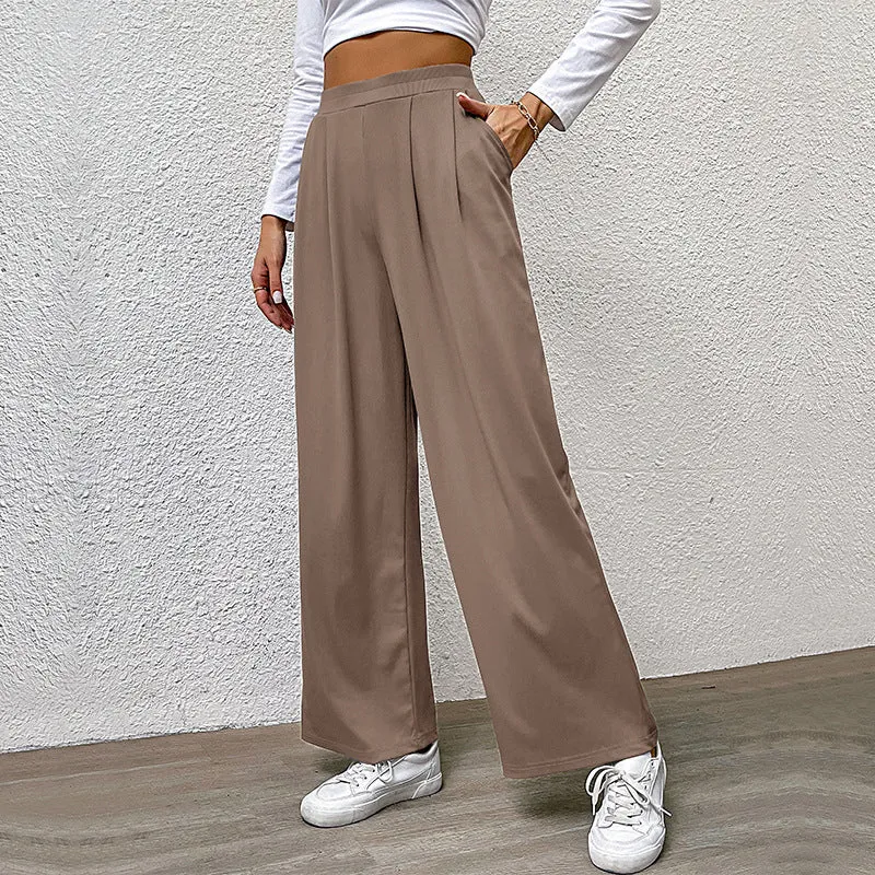 PEOPLETERRITORY Europe and America New autumn casual trousers elastic waist women's trousers solid color pit strip casual trousers wide-leg trousers