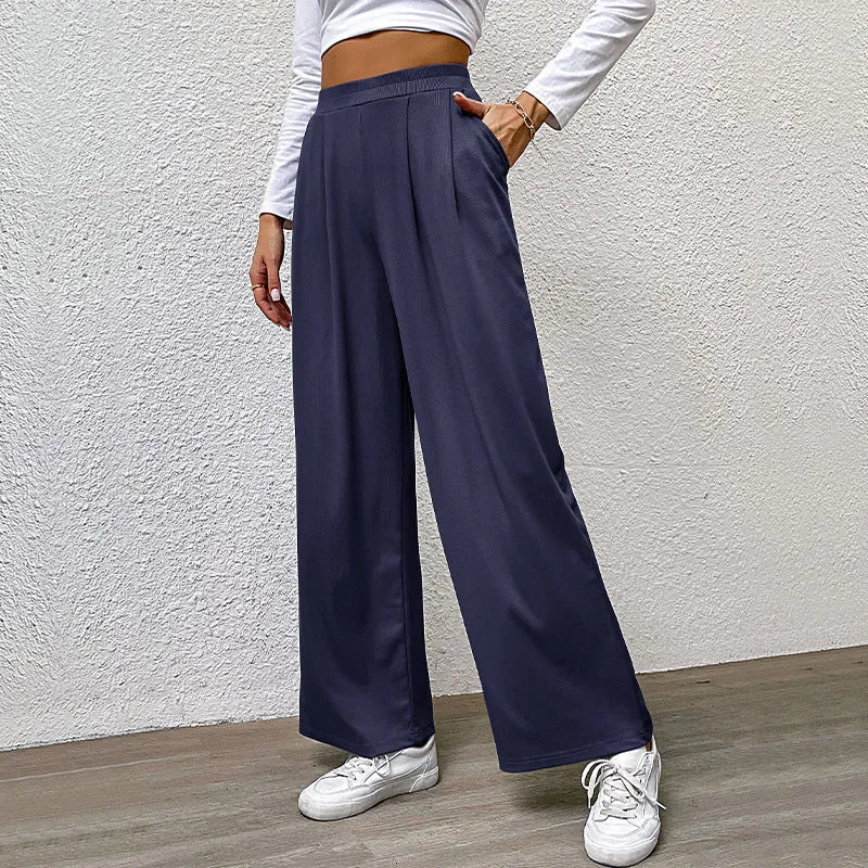 PEOPLETERRITORY Europe and America New autumn casual trousers elastic waist women's trousers solid color pit strip casual trousers wide-leg trousers