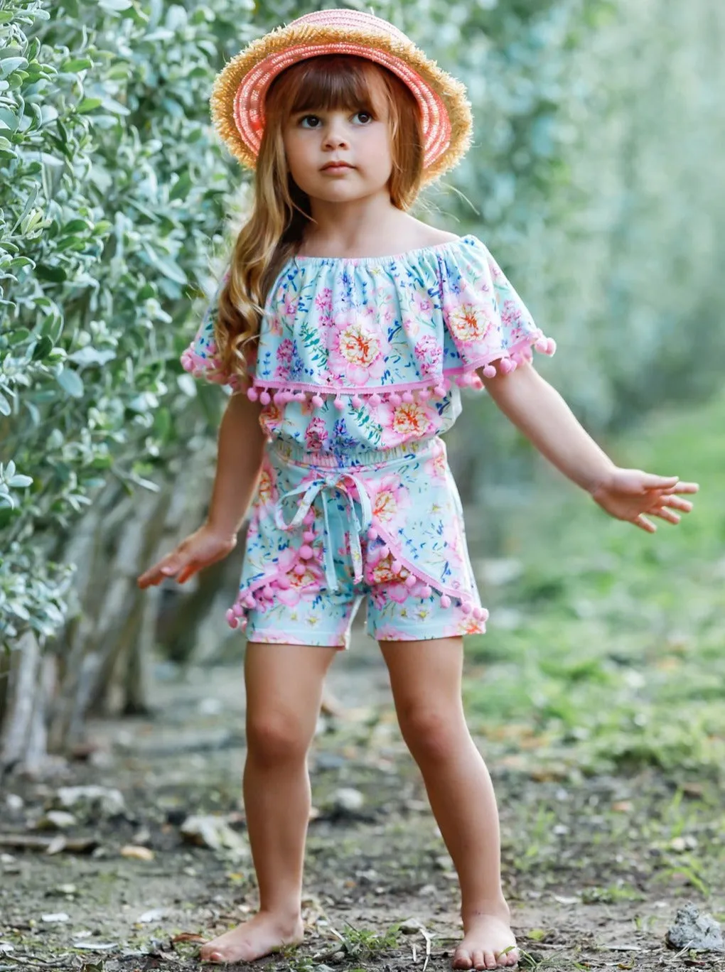 Petals And Pom Pom Ruffle Top And Overlay Short Set