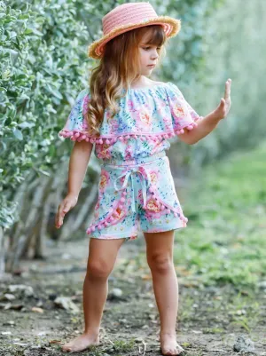 Petals And Pom Pom Ruffle Top And Overlay Short Set