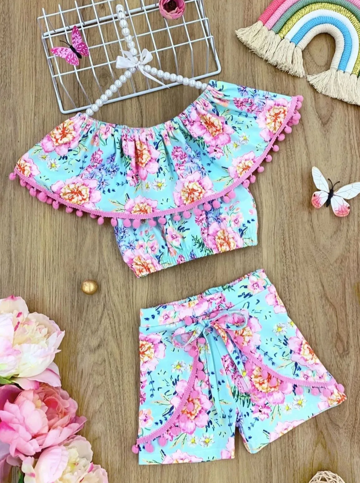 Petals And Pom Pom Ruffle Top And Overlay Short Set