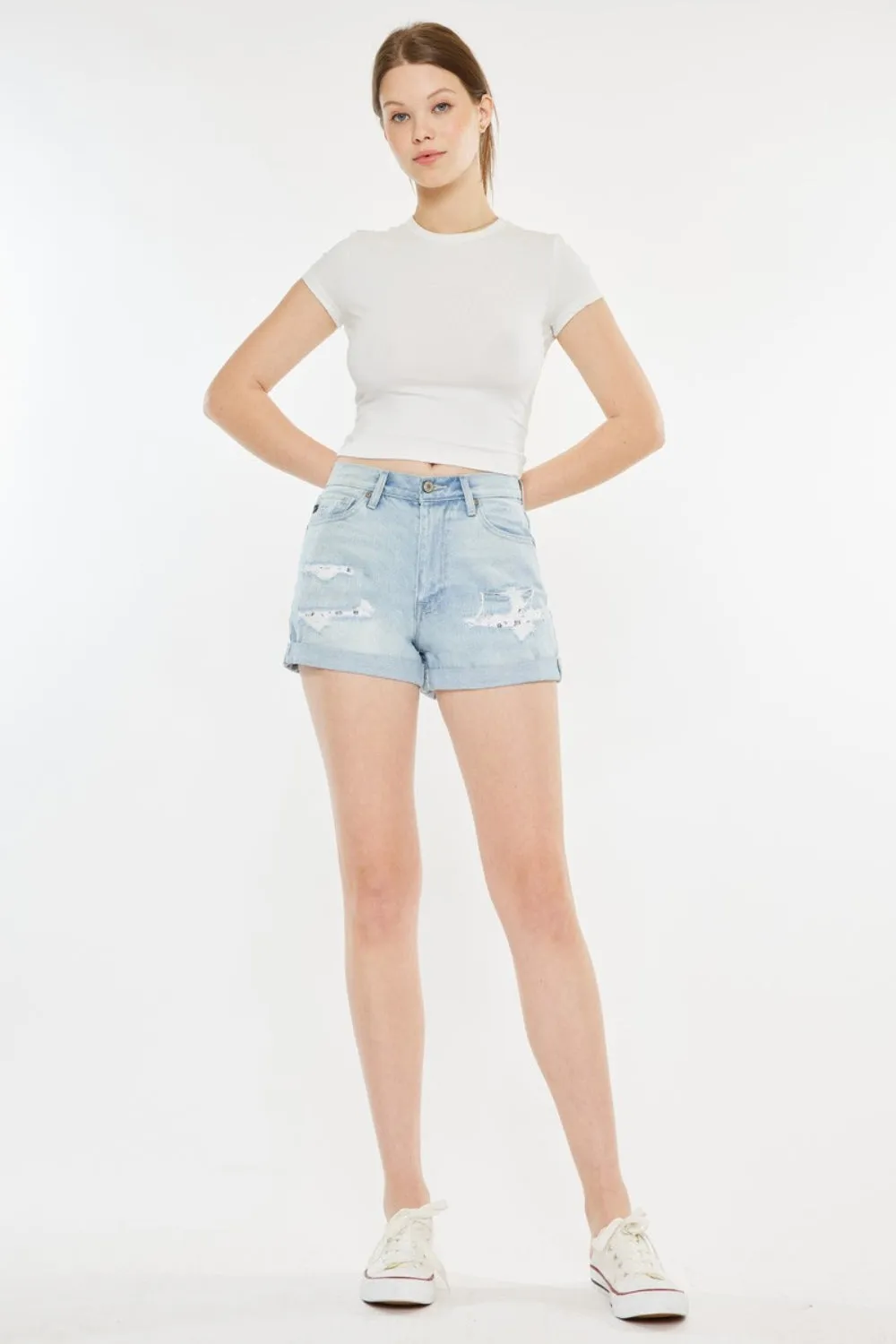 "Women's High Rise Repaired Mom Denim Shorts"