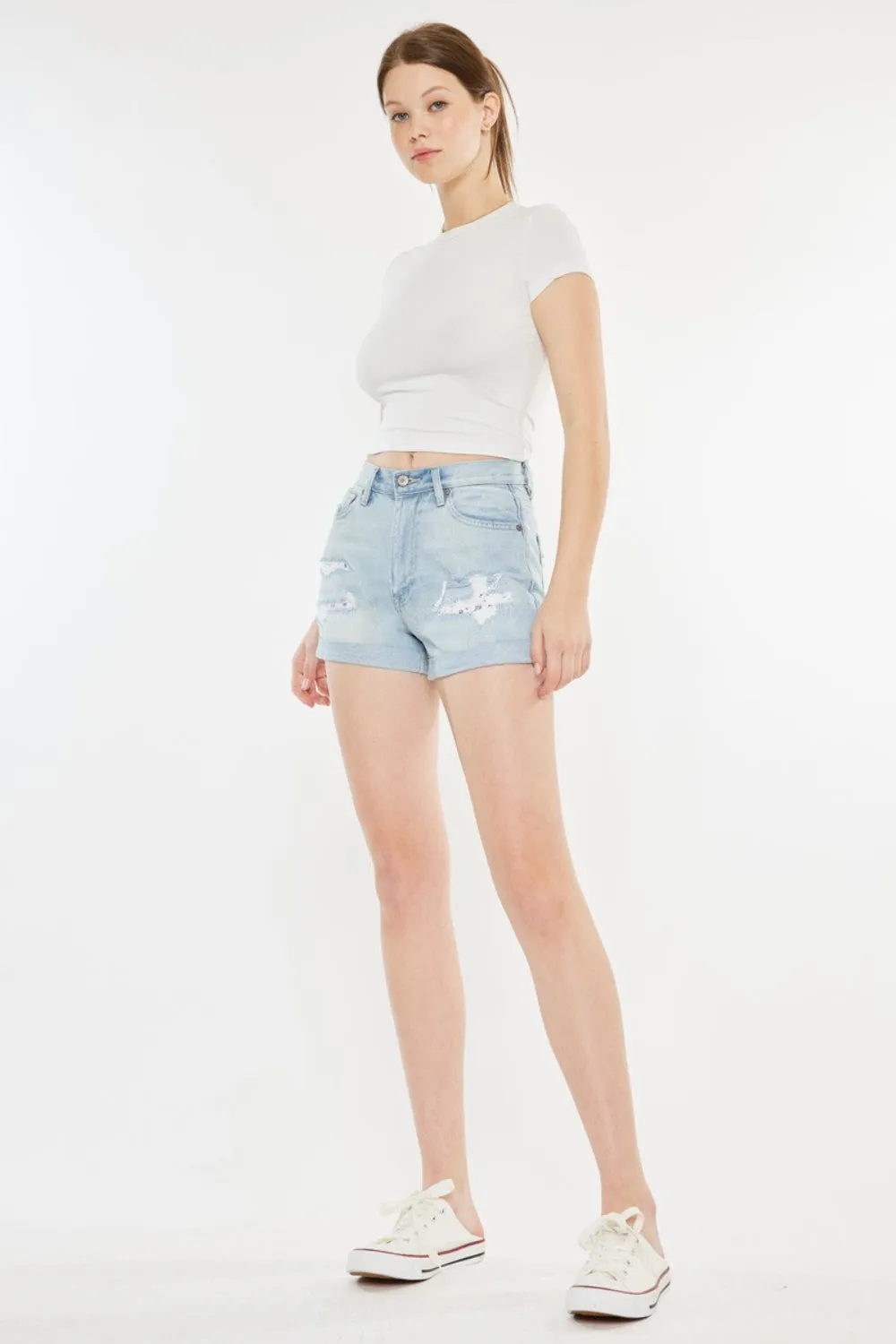 "Women's High Rise Repaired Mom Denim Shorts"
