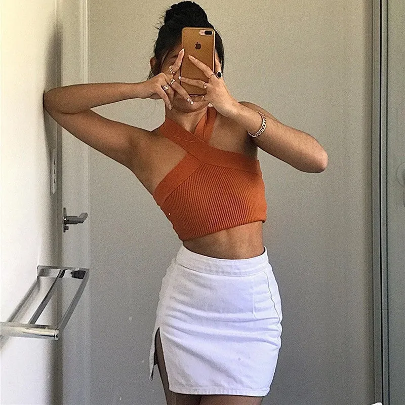 Ribbed Halter Racerback Crop Tank