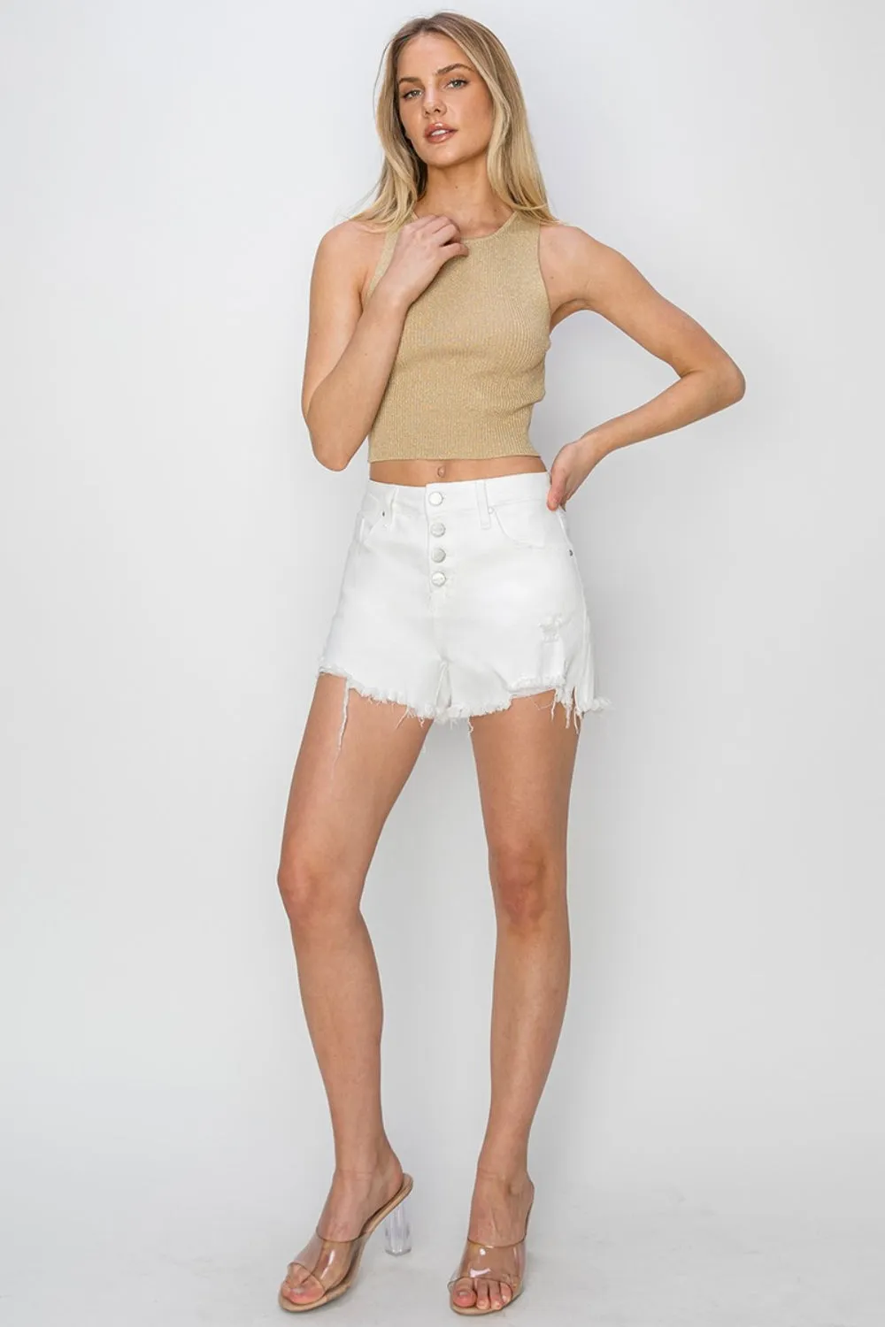RISEN Button Fly Frayed Hem White Denim Jean Shorts