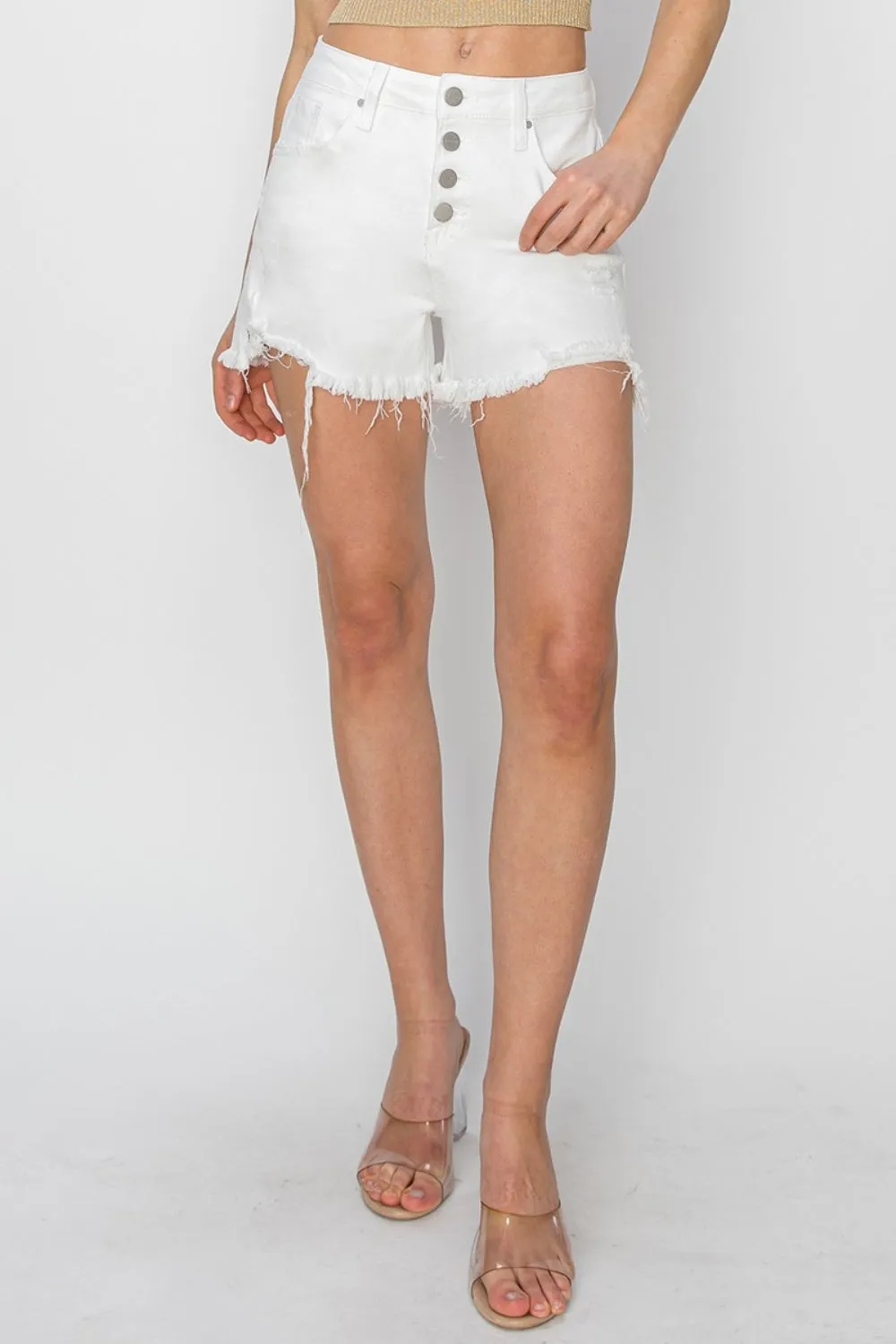 RISEN Button Fly Frayed Hem White Denim Jean Shorts