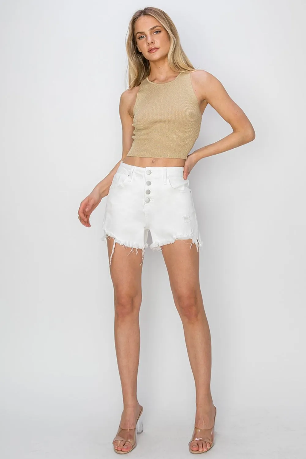 RISEN Button Fly Frayed Hem White Denim Jean Shorts
