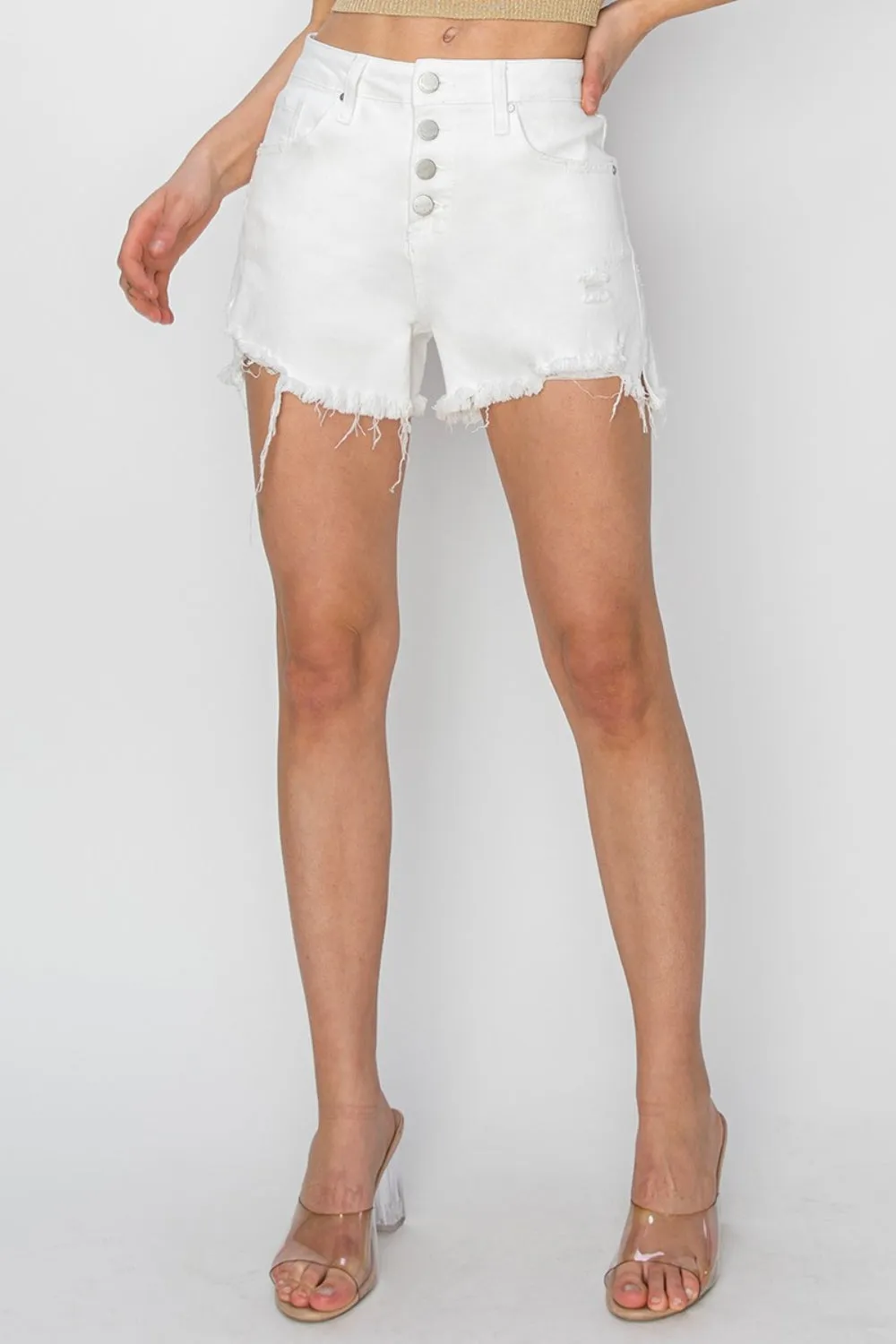 RISEN Button Fly Frayed Hem White Denim Jean Shorts