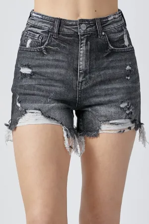 RISEN Distressed Chewed Raw Hem Black Denim Jean Shorts