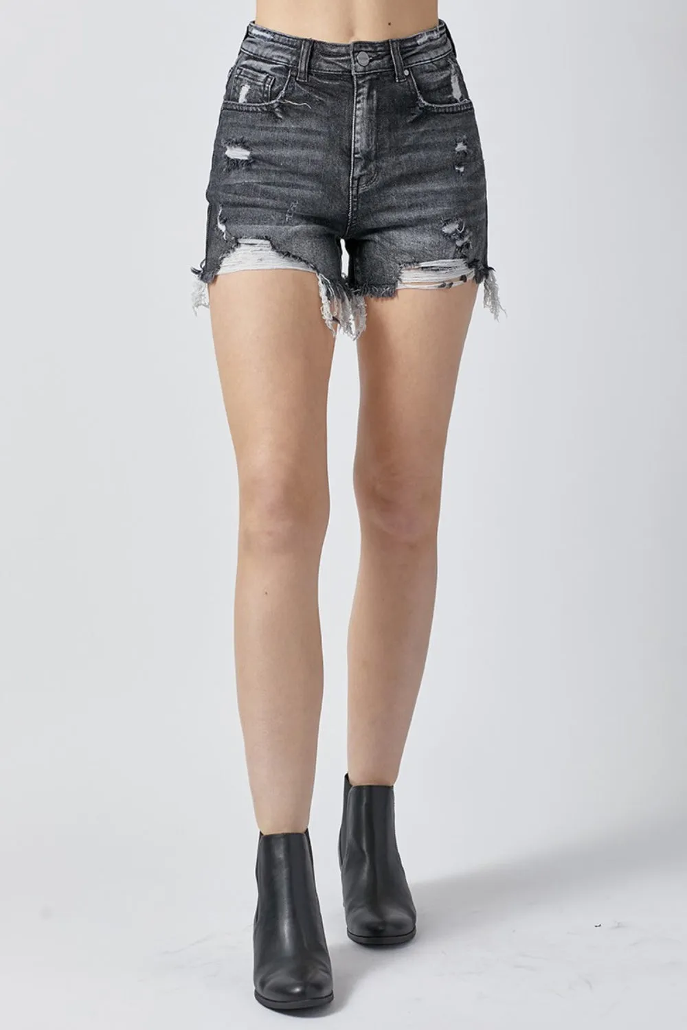 RISEN Distressed Chewed Raw Hem Black Denim Jean Shorts