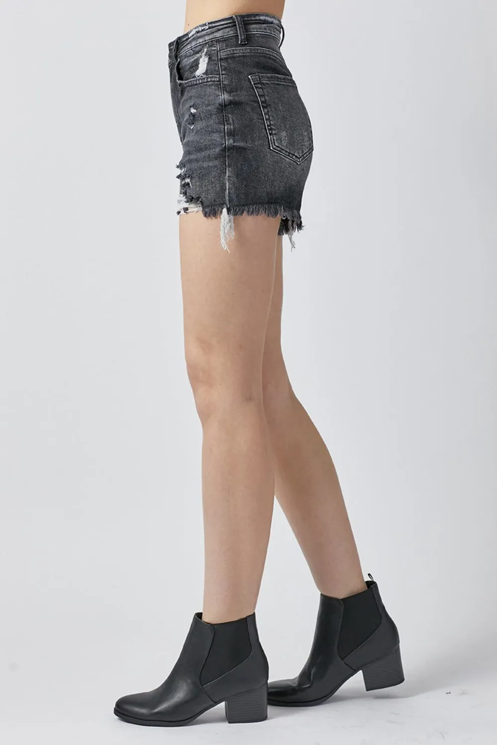 RISEN Distressed Chewed Raw Hem Black Denim Jean Shorts