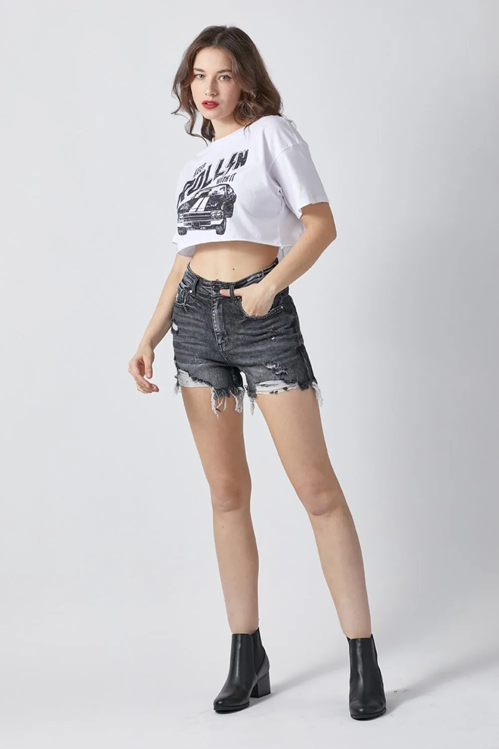 RISEN Distressed Chewed Raw Hem Black Denim Jean Shorts