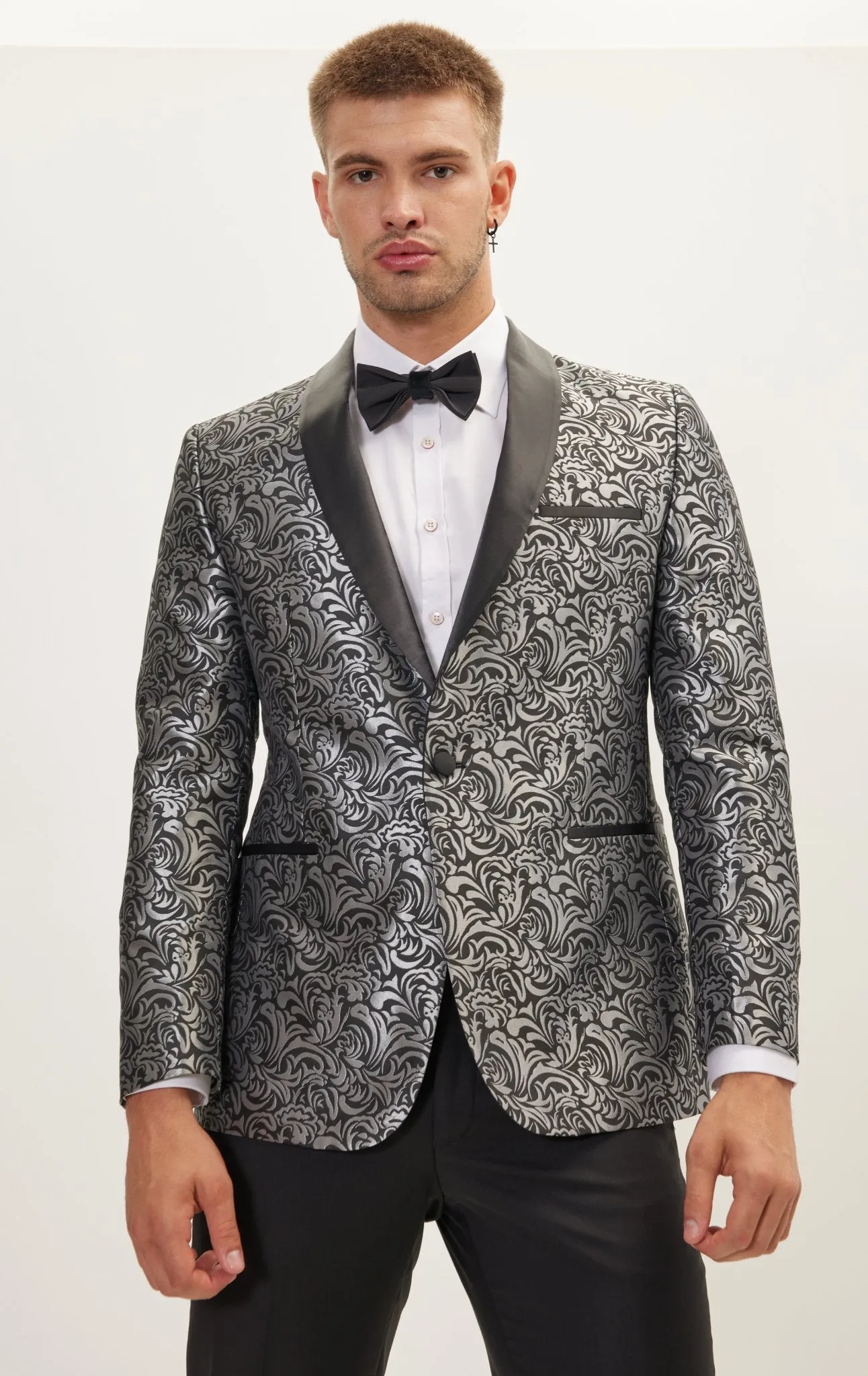 Shawl Lapel Metalic Paisley Tuxedo Jacket -  Silver Black