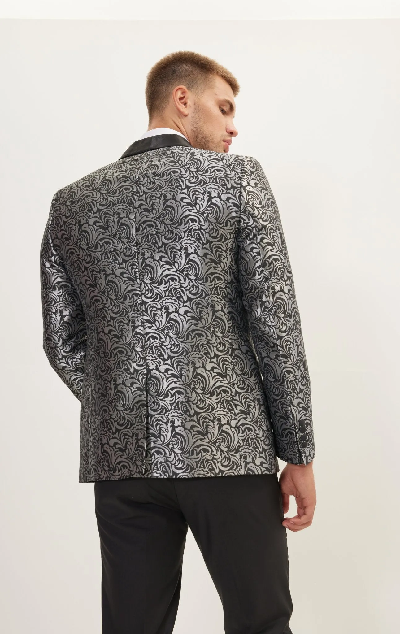 Shawl Lapel Metalic Paisley Tuxedo Jacket -  Silver Black