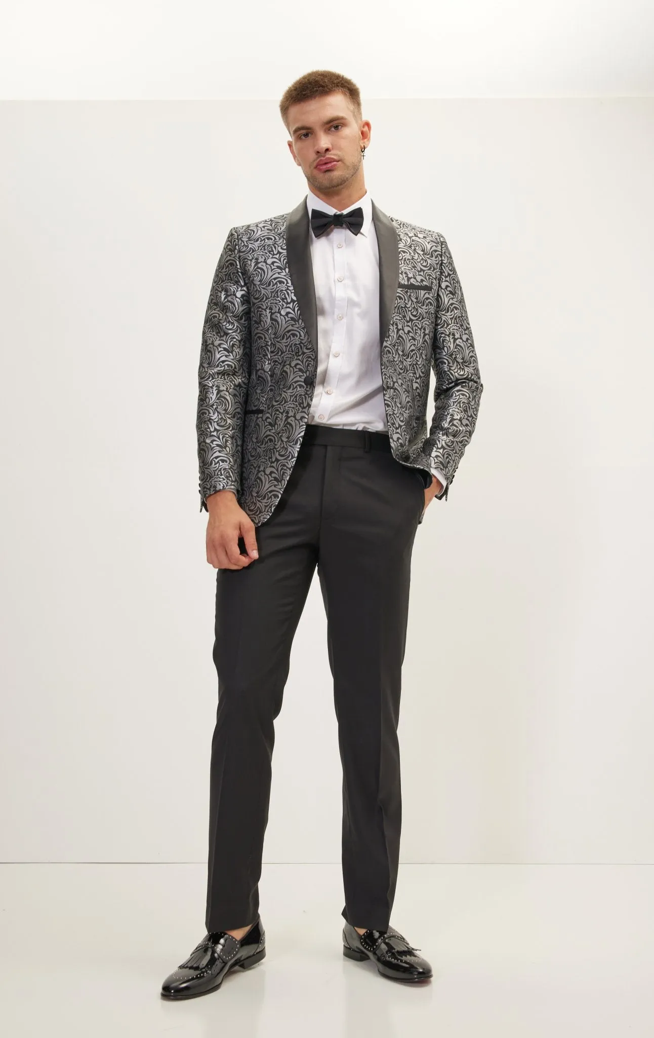 Shawl Lapel Metalic Paisley Tuxedo Jacket -  Silver Black