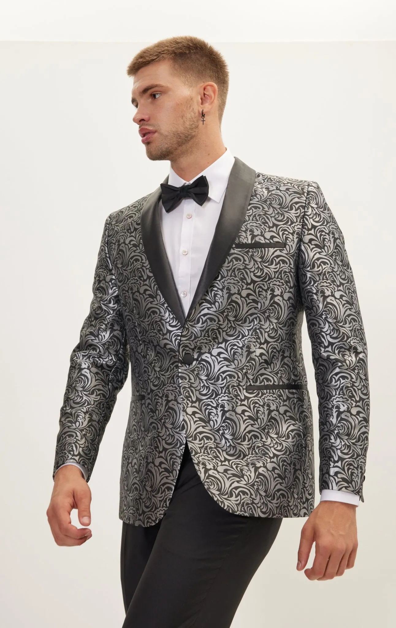 Shawl Lapel Metalic Paisley Tuxedo Jacket -  Silver Black