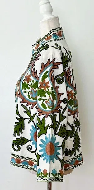 Wearable Art In This Hand Embroidered Short Jacket (Aqua and Rust on White)