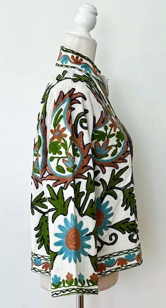Wearable Art In This Hand Embroidered Short Jacket (Aqua and Rust on White)