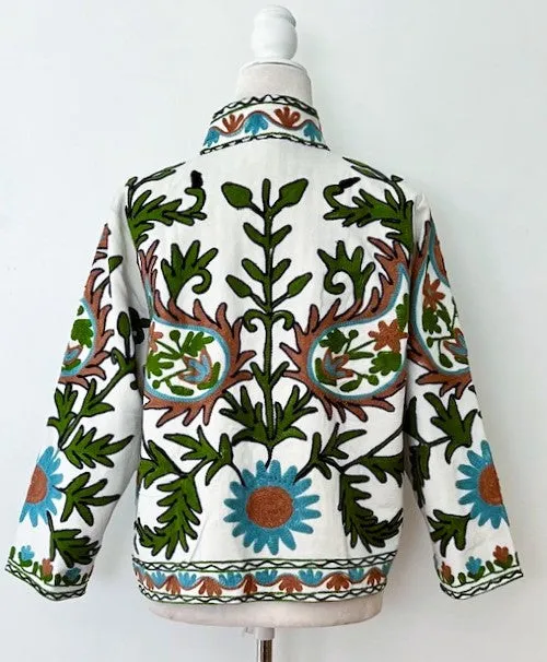 Wearable Art In This Hand Embroidered Short Jacket (Aqua and Rust on White)