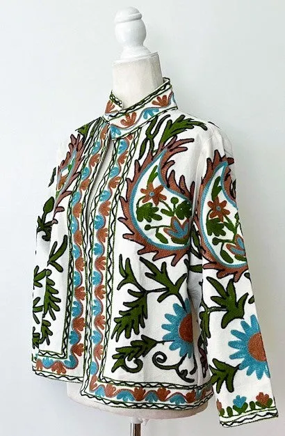 Wearable Art In This Hand Embroidered Short Jacket (Aqua and Rust on White)