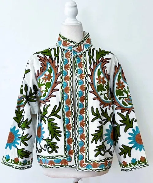 Wearable Art In This Hand Embroidered Short Jacket (Aqua and Rust on White)