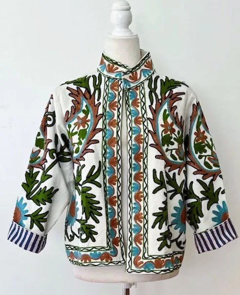 Wearable Art In This Hand Embroidered Short Jacket (Aqua and Rust on White)