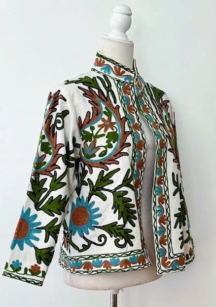 Wearable Art In This Hand Embroidered Short Jacket (Aqua and Rust on White)