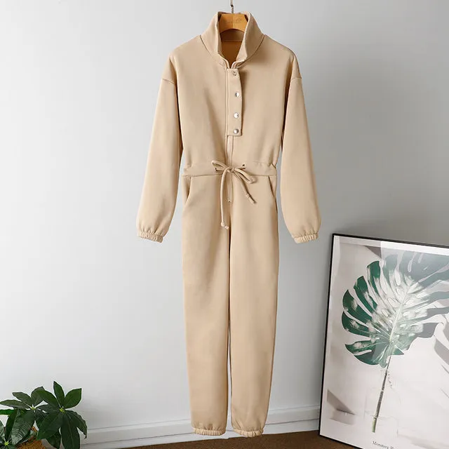 Winter Fleece Stand-up Collar Zipper Lace Up Joggers Jumpsuit