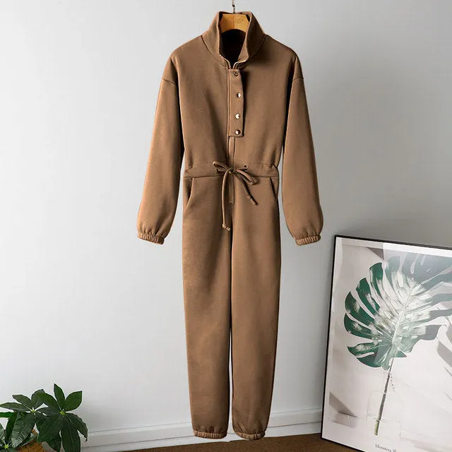 Winter Fleece Stand-up Collar Zipper Lace Up Joggers Jumpsuit