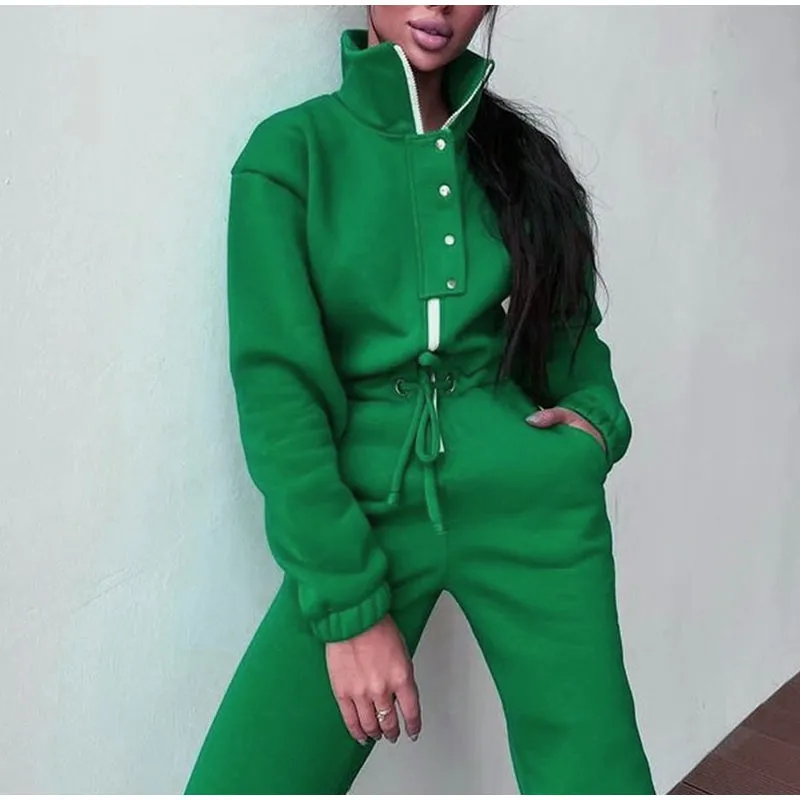 Winter Fleece Stand-up Collar Zipper Lace Up Joggers Jumpsuit