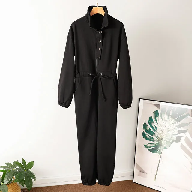 Winter Fleece Stand-up Collar Zipper Lace Up Joggers Jumpsuit