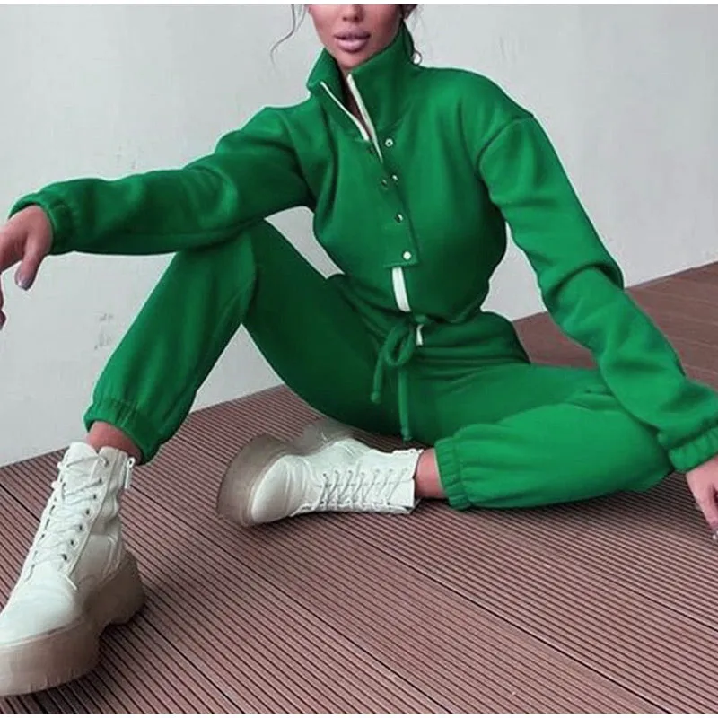 Winter Fleece Stand-up Collar Zipper Lace Up Joggers Jumpsuit
