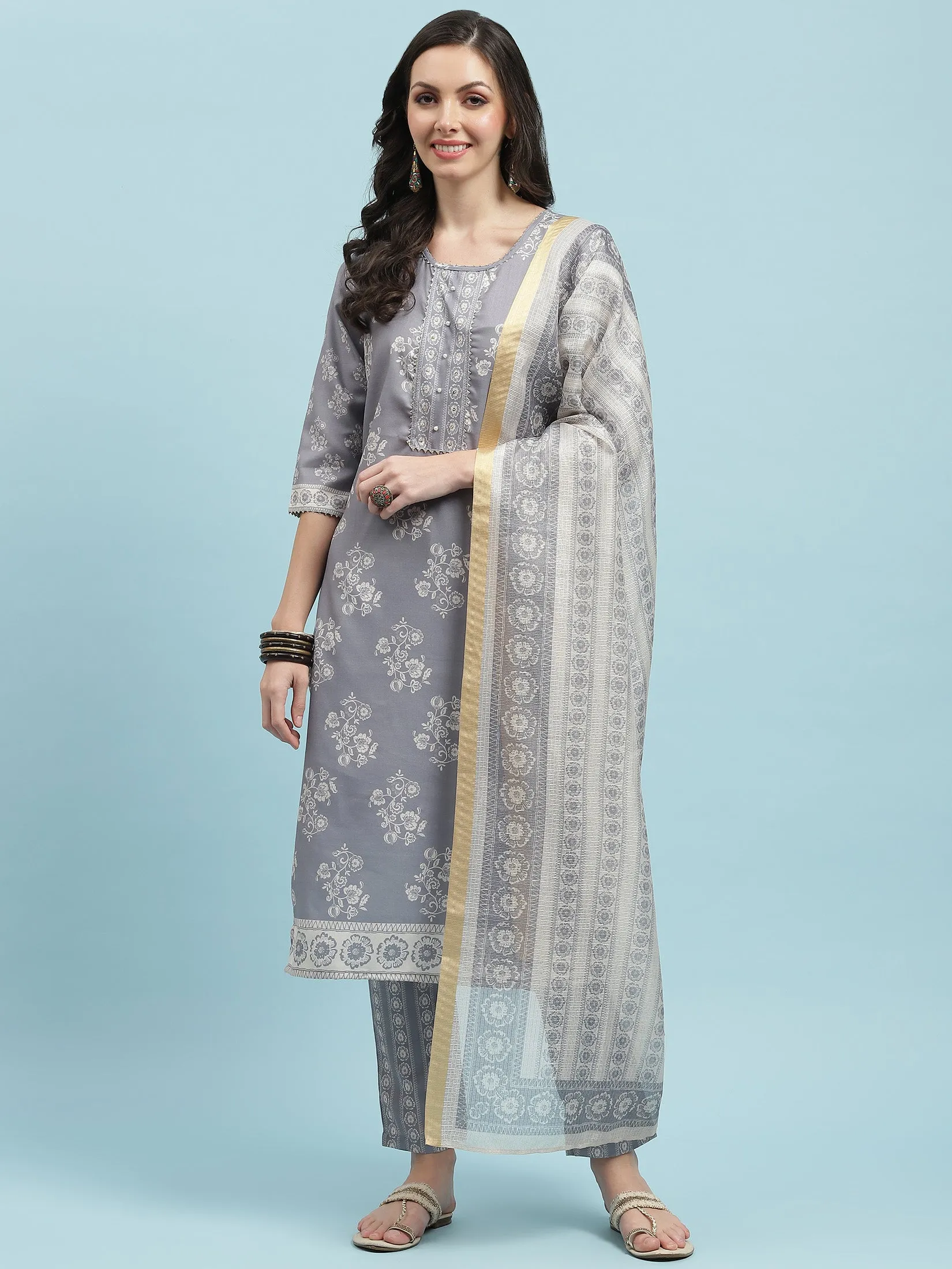 Women Grey Straight Kurta Trouser With Dupatta