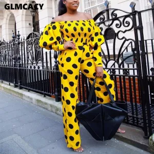 Women Streetwear Slash Neck Polka Dot Puff Sleeve Two Piece Sets