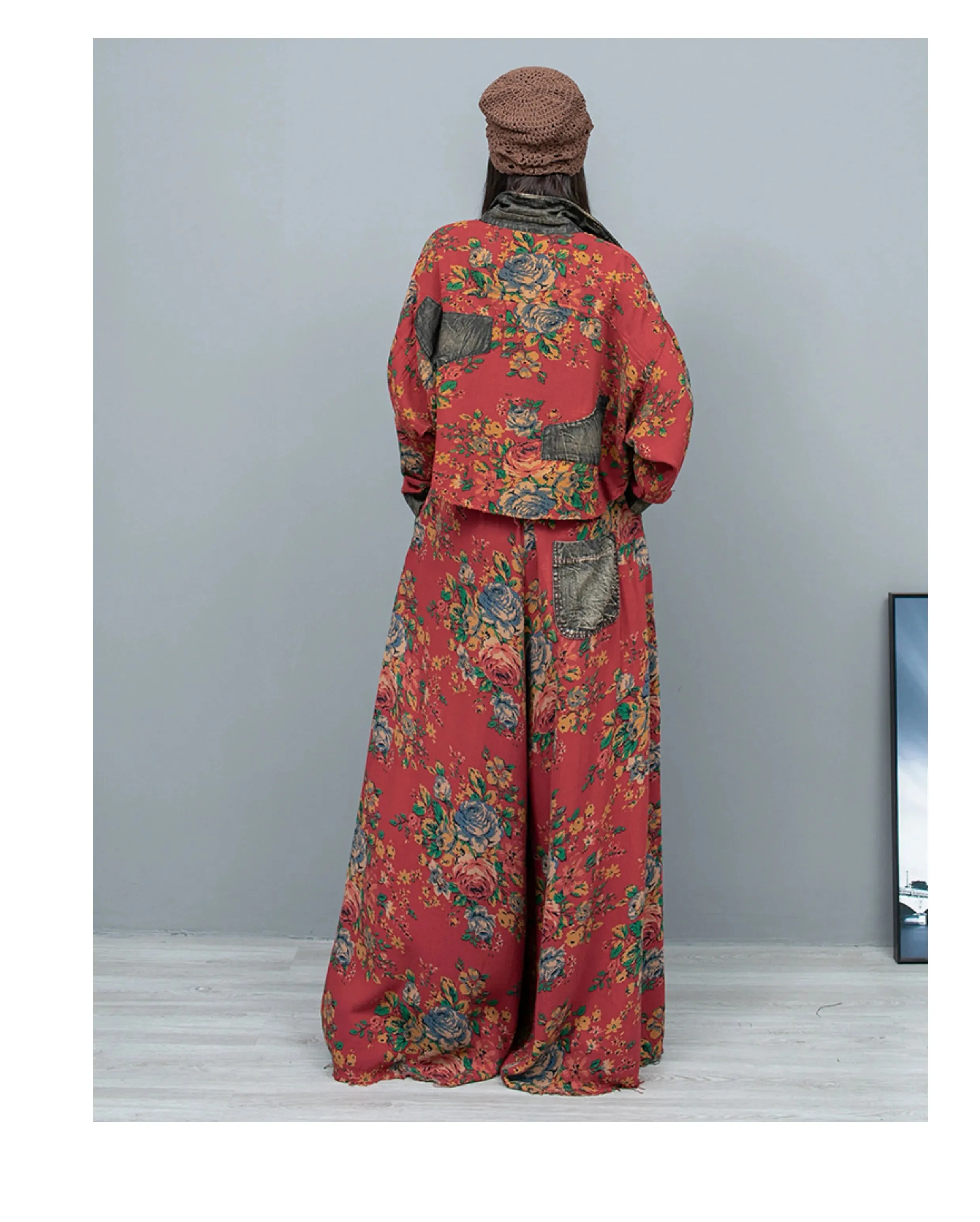 Women's 2 Piece Distressed Denim Floral Harem Pants Set