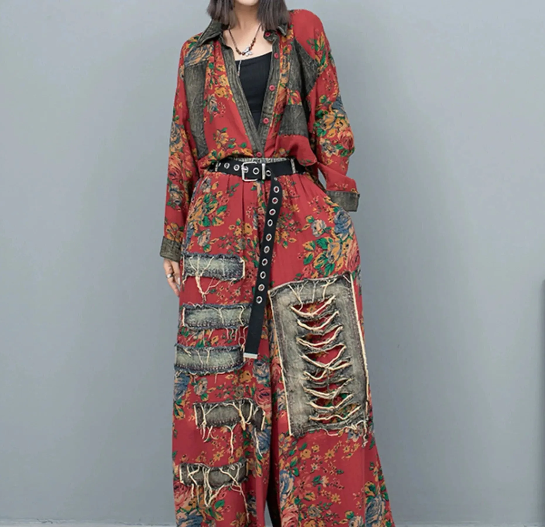 Women's 2 Piece Distressed Denim Floral Harem Pants Set