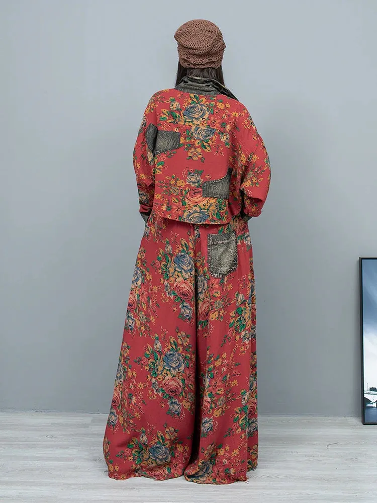 Women's 2 Piece Distressed Denim Floral Harem Pants Set
