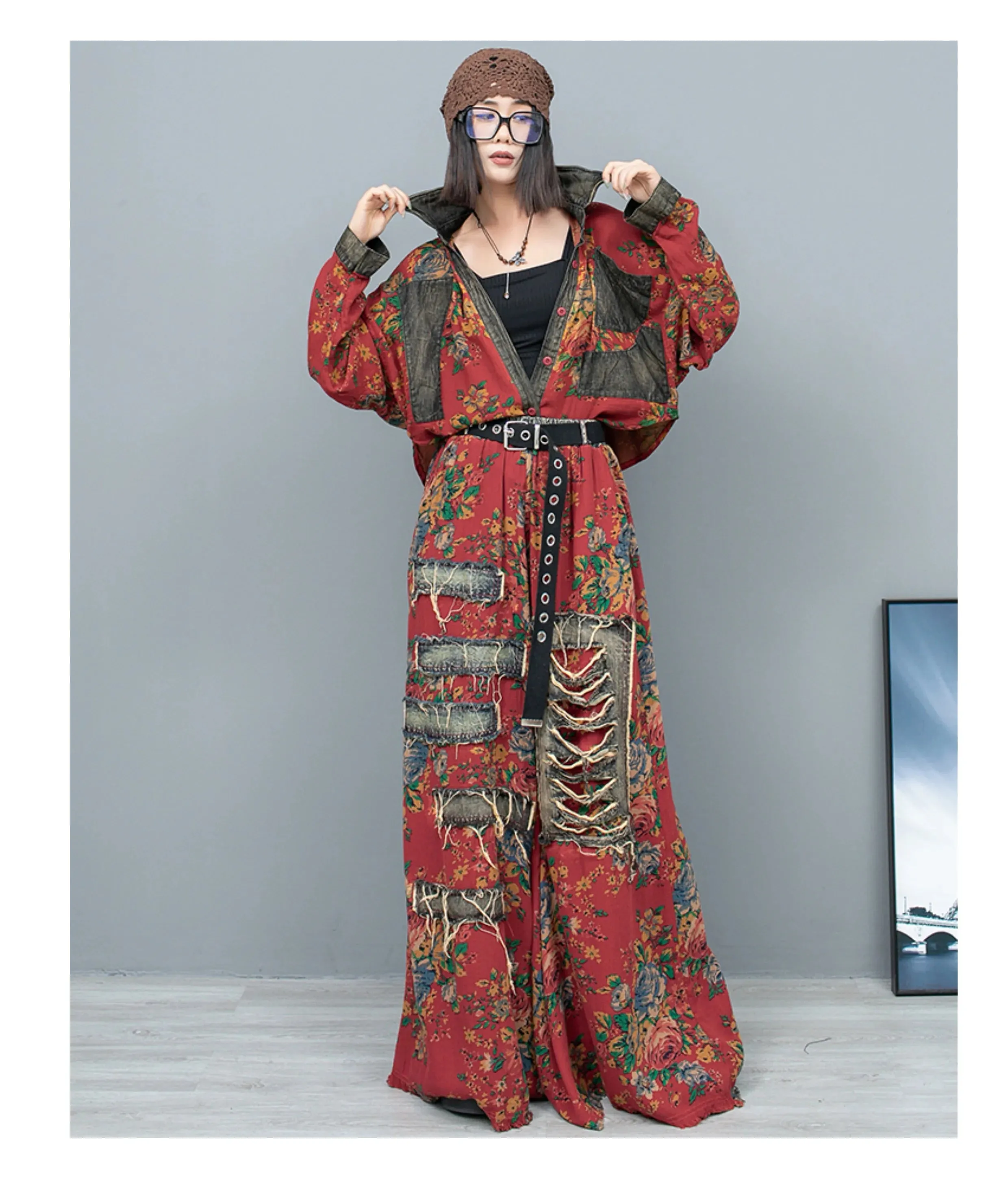 Women's 2 Piece Distressed Denim Floral Harem Pants Set