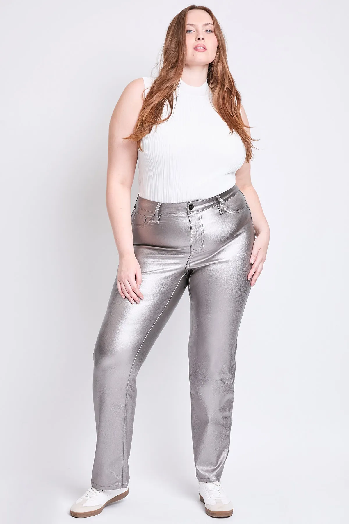 Women's Plus Hyperstretch High Rise Straight Leg Metallic Pant, Smoke