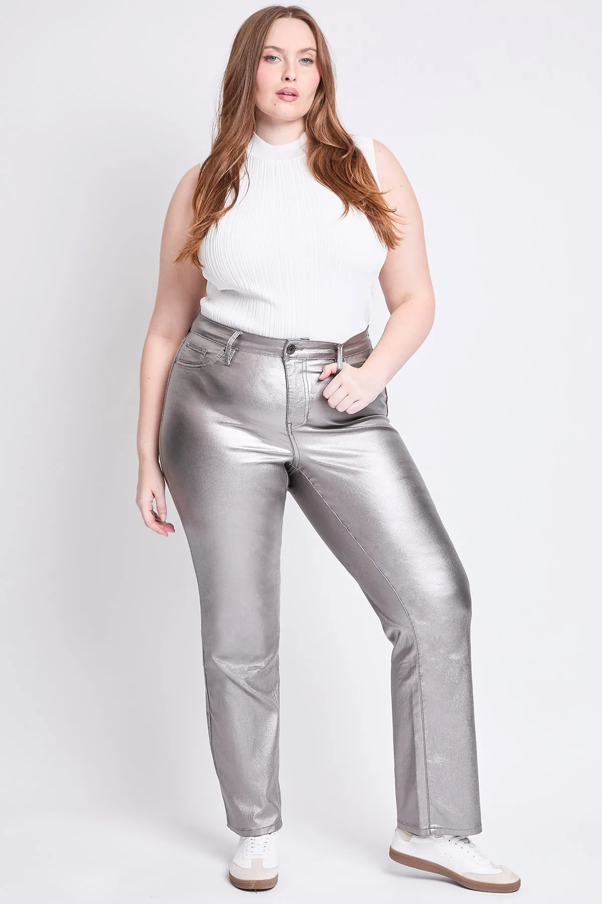Women's Plus Hyperstretch High Rise Straight Leg Metallic Pant, Smoke