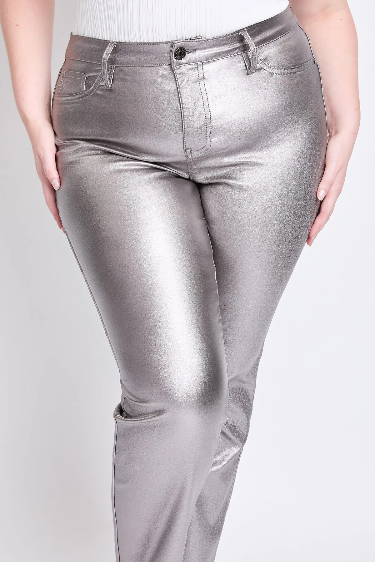 Women's Plus Hyperstretch High Rise Straight Leg Metallic Pant, Smoke